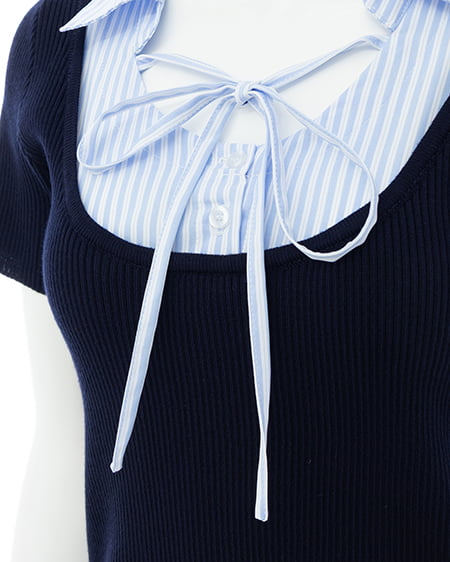 INGNI（イング） アソート柄シャツドッキング半袖リブニット ｺﾝ/ﾌﾞﾙｰｽﾄﾗｲﾌﾟ