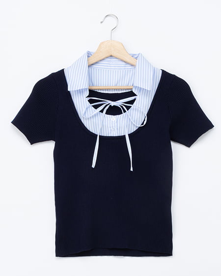 アソート柄シャツドッキング半袖リブニット