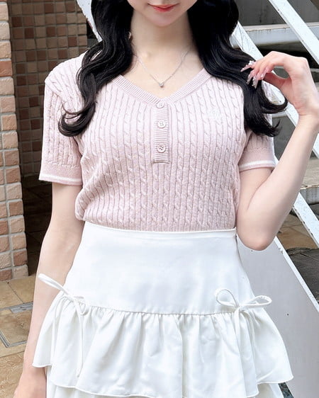 ケーブル柄ヘンリースキッパー半袖ニット