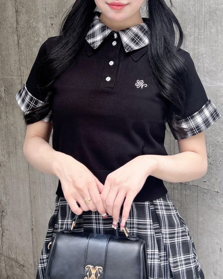 Wカラー半袖ポロニット