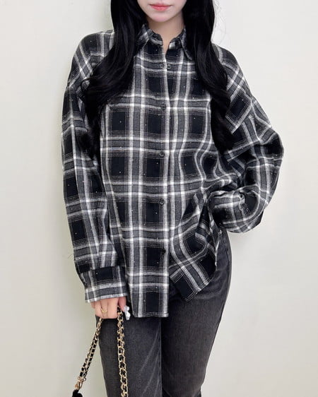 ラインストーン付バックレースアップチェック柄シャツ