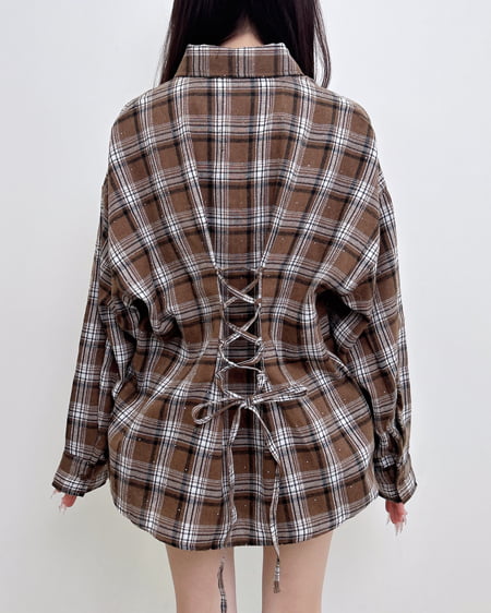 ラインストーン付バックレースアップチェック柄シャツ