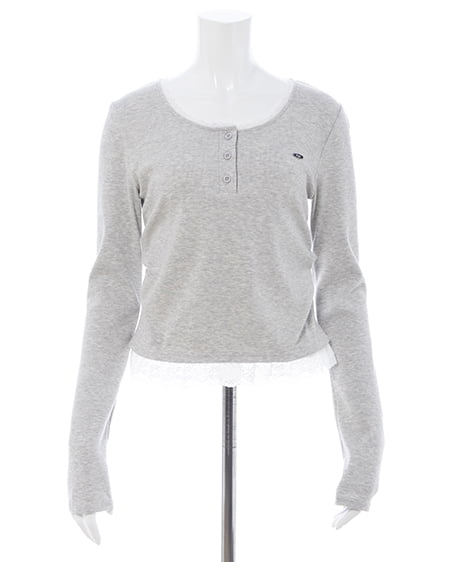 INGNI(イング) ヘンリーネックレース付プレートロゴ長袖リブトップス グレー