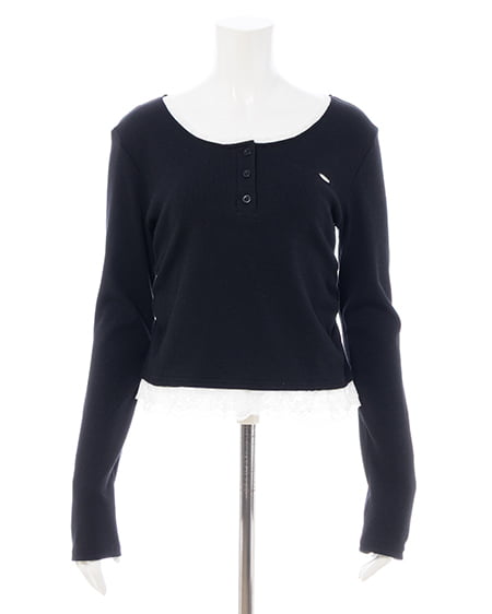 INGNI（イング） ヘンリーネックレース付プレートロゴ長袖リブトップス ｸﾛ