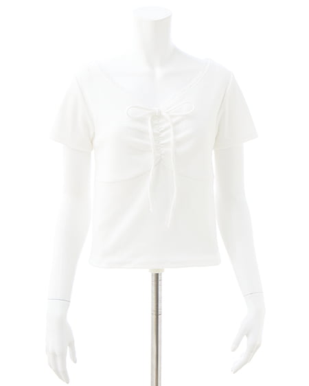 INGNI（イング） レース付フロントギャザーリボンリブトップス ｵﾌﾎﾜｲﾄ