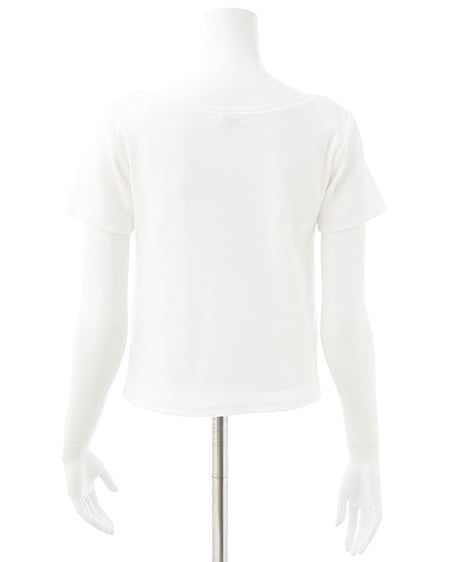 INGNI（イング） レース付フロントギャザーリボンリブトップス ｵﾌﾎﾜｲﾄ