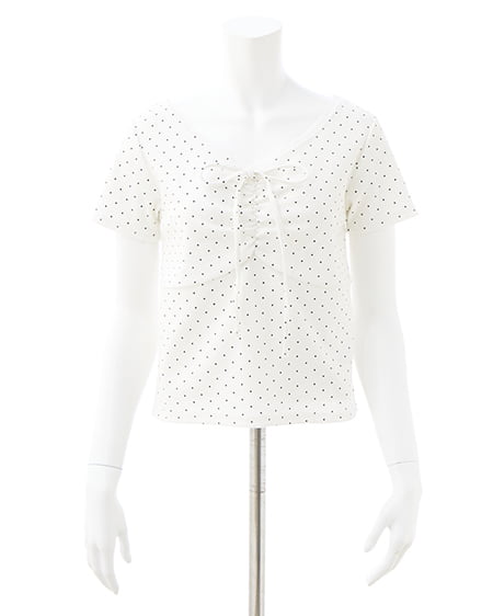 INGNI（イング） レース付フロントギャザーリボンリブトップス ｵﾌﾎﾜｲﾄ/ｸﾛ