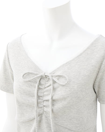 INGNI（イング） レース付フロントギャザーリボンリブトップス ｸﾞﾚｰ