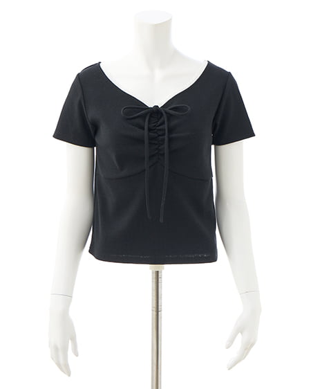 INGNI（イング） レース付フロントギャザーリボンリブトップス ｸﾛ