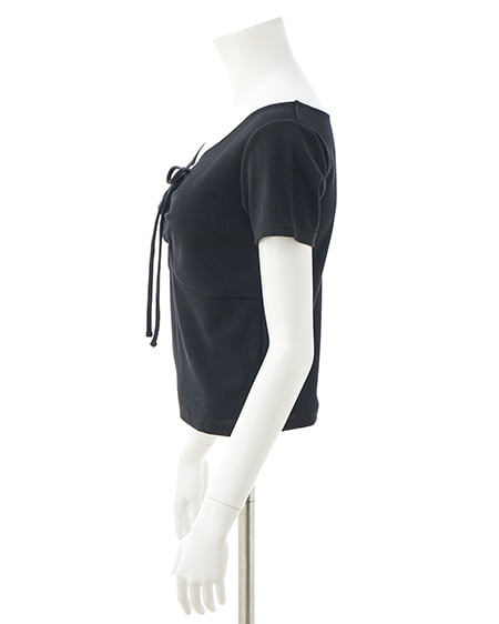 INGNI（イング） レース付フロントギャザーリボンリブトップス ｸﾛ