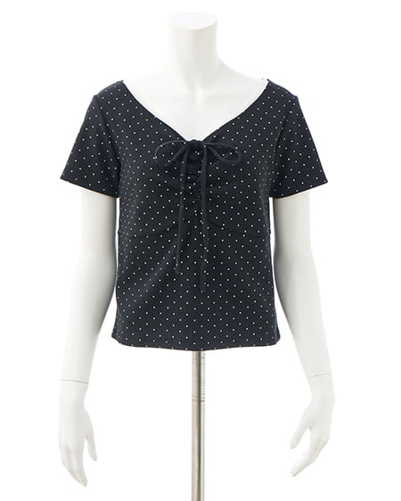 INGNI（イング） レース付フロントギャザーリボンリブトップス ｸﾛ/ｵﾌﾎﾜｲﾄ