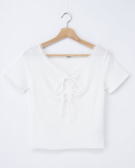 【WEB限定】襟レース付フロントギャザーリボンリブトップス