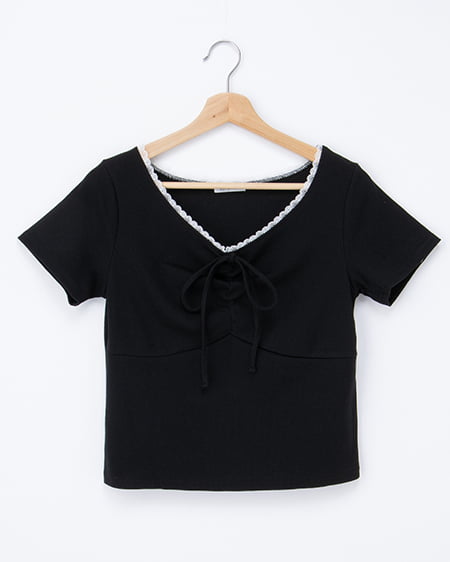 【WEB限定】襟レース付フロントギャザーリボンリブトップス