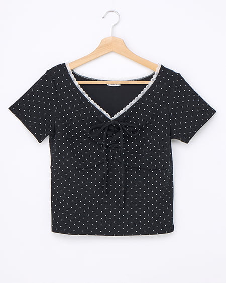 【WEB限定】レース付フロントギャザーリボンリブトップス