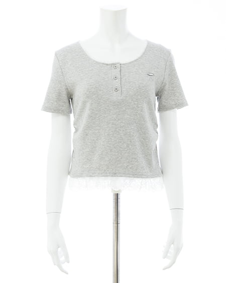 INGNI（イング） ヘンリーネックレース付プレートロゴ半袖リブトップス ｸﾞﾚｰ