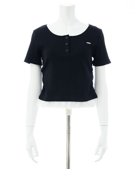 INGNI（イング） ヘンリーネックレース付プレートロゴ半袖リブトップス ｸﾛ