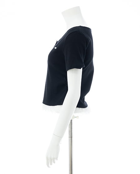 INGNI（イング） ヘンリーネックレース付プレートロゴ半袖リブトップス ｸﾛ