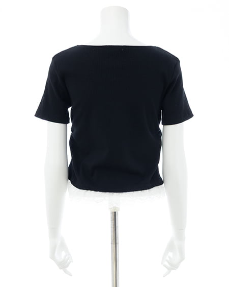 INGNI（イング） ヘンリーネックレース付プレートロゴ半袖リブトップス ｸﾛ