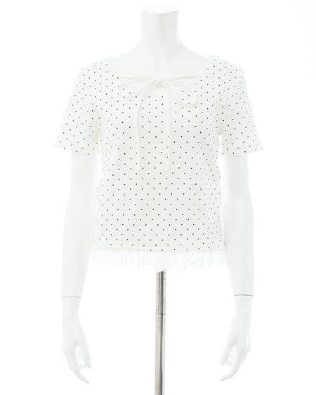INGNI（イング） レース出しリボン付ドット半袖リブトップス ｵﾌﾎﾜｲﾄ/ｸﾛ
