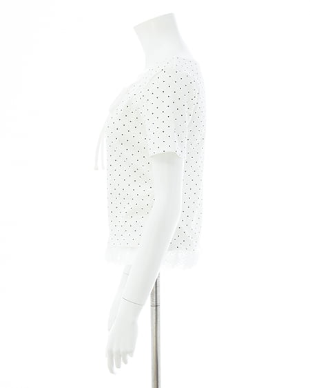 INGNI（イング） レース出しリボン付ドット半袖リブトップス ｵﾌﾎﾜｲﾄ/ｸﾛ