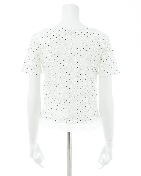 INGNI（イング） レース出しリボン付ドット半袖リブトップス ｵﾌﾎﾜｲﾄ/ｸﾛ
