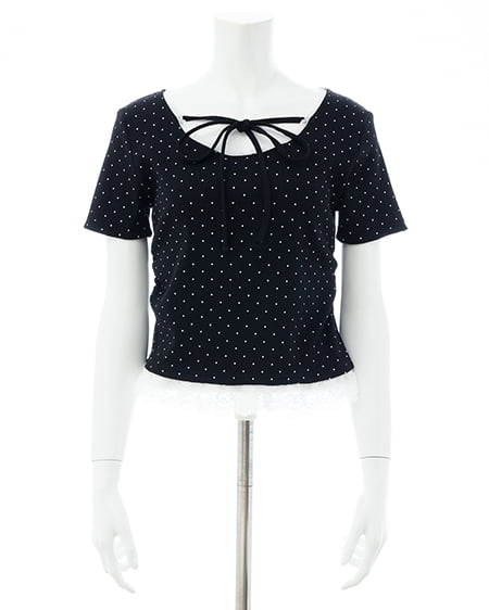 INGNI（イング） レース出しリボン付ドット半袖リブトップス ｸﾛ/ｵﾌﾎﾜｲﾄ