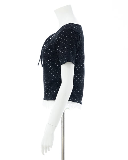 INGNI（イング） レース出しリボン付ドット半袖リブトップス ｸﾛ/ｵﾌﾎﾜｲﾄ