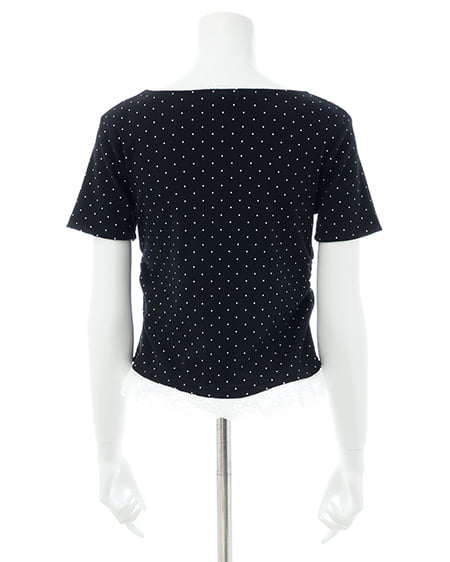 INGNI（イング） レース出しリボン付ドット半袖リブトップス ｸﾛ/ｵﾌﾎﾜｲﾄ