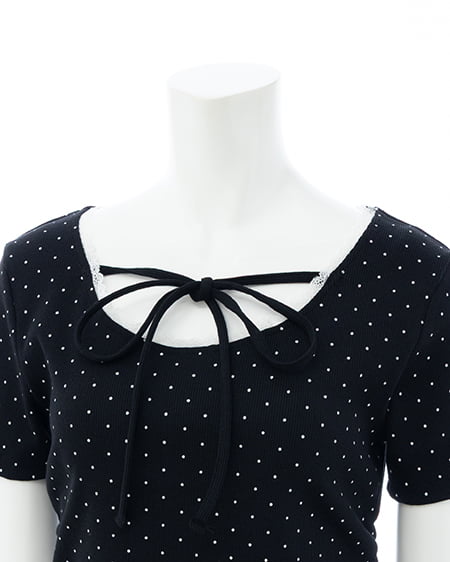 INGNI（イング） レース出しリボン付ドット半袖リブトップス ｸﾛ/ｵﾌﾎﾜｲﾄ