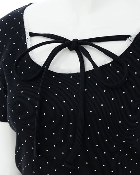 INGNI（イング） レース出しリボン付ドット半袖リブトップス ｸﾛ/ｵﾌﾎﾜｲﾄ