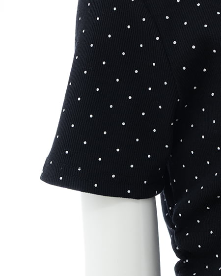 INGNI（イング） レース出しリボン付ドット半袖リブトップス ｸﾛ/ｵﾌﾎﾜｲﾄ