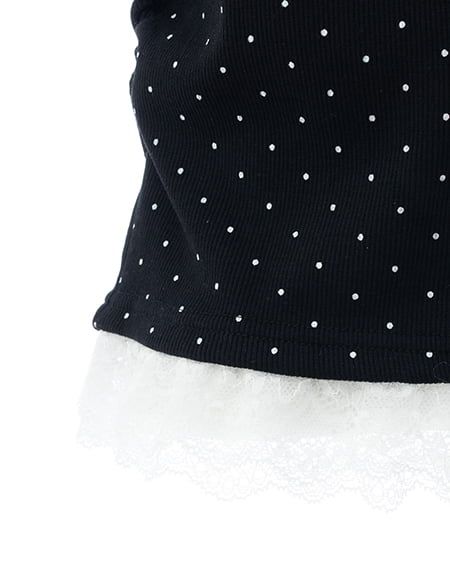 INGNI（イング） レース出しリボン付ドット半袖リブトップス ｸﾛ/ｵﾌﾎﾜｲﾄ