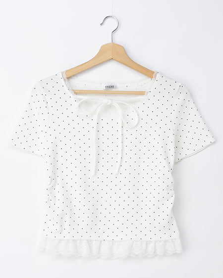 レース出しリボン付ドット半袖リブトップス