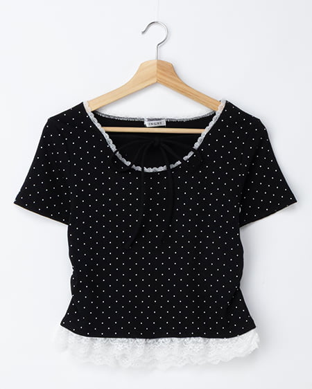 レース出しリボン付ドット半袖リブトップス