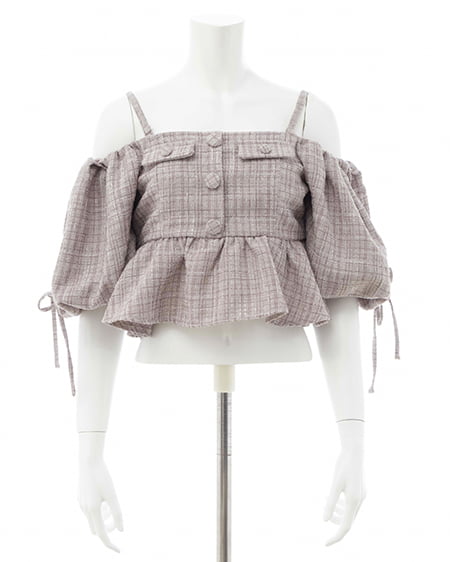 INGNI（イング） ツイードペプラムオフショルブラウス ﾋﾟﾝｸ