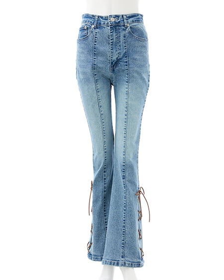 INGNI（イング） サイドレースアップ＆センターシームフレアデニムパンツ ﾃﾞﾆﾑ/ﾌﾞﾙｰA