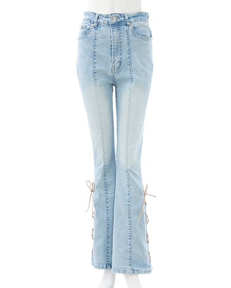 INGNI（イング） サイドレースアップ＆センターシームフレアデニムパンツ ﾃﾞﾆﾑ/ﾗｲﾄﾌﾞﾙｰA