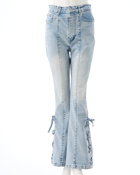 【1／14 2時までの限定価格】【S～Mサイズ】サイドレースアップ＆センターシームフレアデニムパンツ