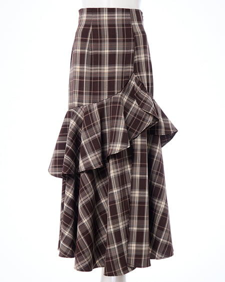 INGNI（イング） チェック柄バックレースアップアシメスリットスカート ﾌﾞﾗｳﾝ/ﾁｪｯｸ