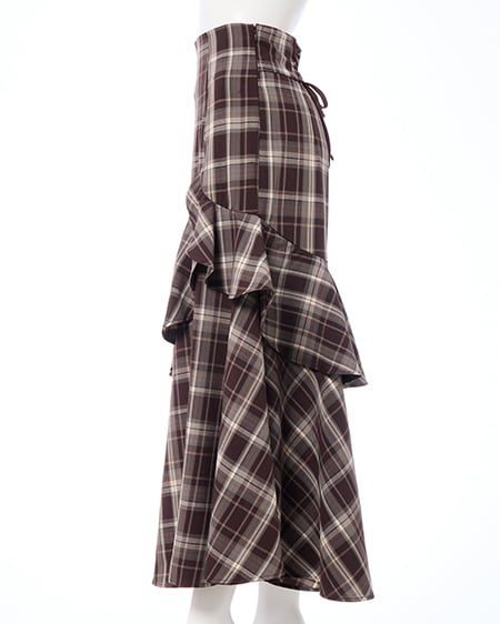 INGNI（イング） チェック柄バックレースアップアシメスリットスカート ﾌﾞﾗｳﾝ/ﾁｪｯｸ