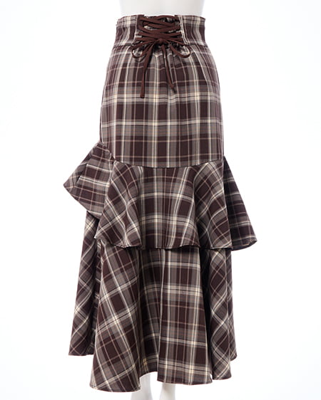 INGNI（イング） チェック柄バックレースアップアシメスリットスカート ﾌﾞﾗｳﾝ/ﾁｪｯｸ