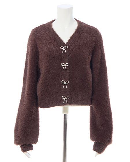 INGNI（イング） Vネックリボンボタンフェザーニットカーディガン ﾌﾞﾗｳﾝ
