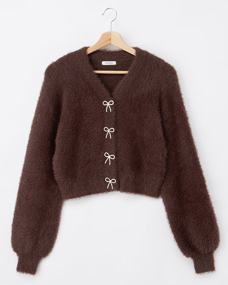 【11／4までの限定価格】【WEB限定】Vネックリボンボタンフェザーニットカーディガン