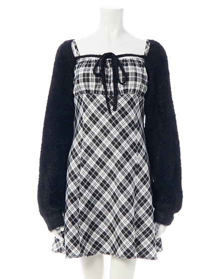 INGNI（イング） フェザーボレロニット＋チェック柄ミニキャミワンピースセット ｸﾛ/ｸﾛﾁｪｯｸ