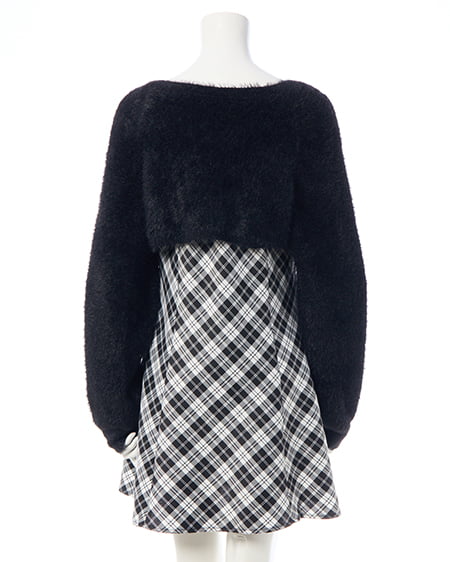 INGNI（イング） フェザーボレロニット＋チェック柄ミニキャミワンピースセット ｸﾛ/ｸﾛﾁｪｯｸ