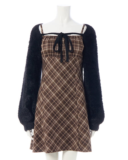 INGNI（イング） フェザーボレロニット＋チェック柄ミニキャミワンピースセット ｸﾛ/ﾌﾞﾗｳﾝﾁｪｯｸ