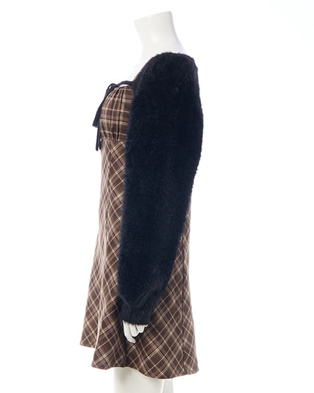 INGNI（イング） フェザーボレロニット＋チェック柄ミニキャミワンピースセット ｸﾛ/ﾌﾞﾗｳﾝﾁｪｯｸ