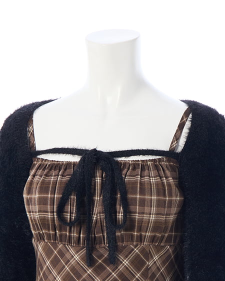 INGNI（イング） フェザーボレロニット＋チェック柄ミニキャミワンピースセット ｸﾛ/ﾌﾞﾗｳﾝﾁｪｯｸ
