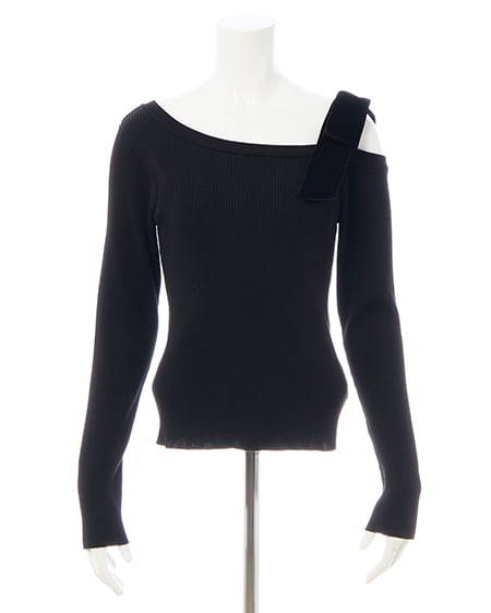 INGNI（イング） リブワンショルベロアリボンニット ｸﾛ