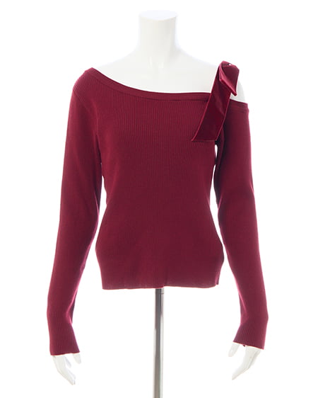 INGNI(イング) リブワンショルベロアリボンニット ボルドー